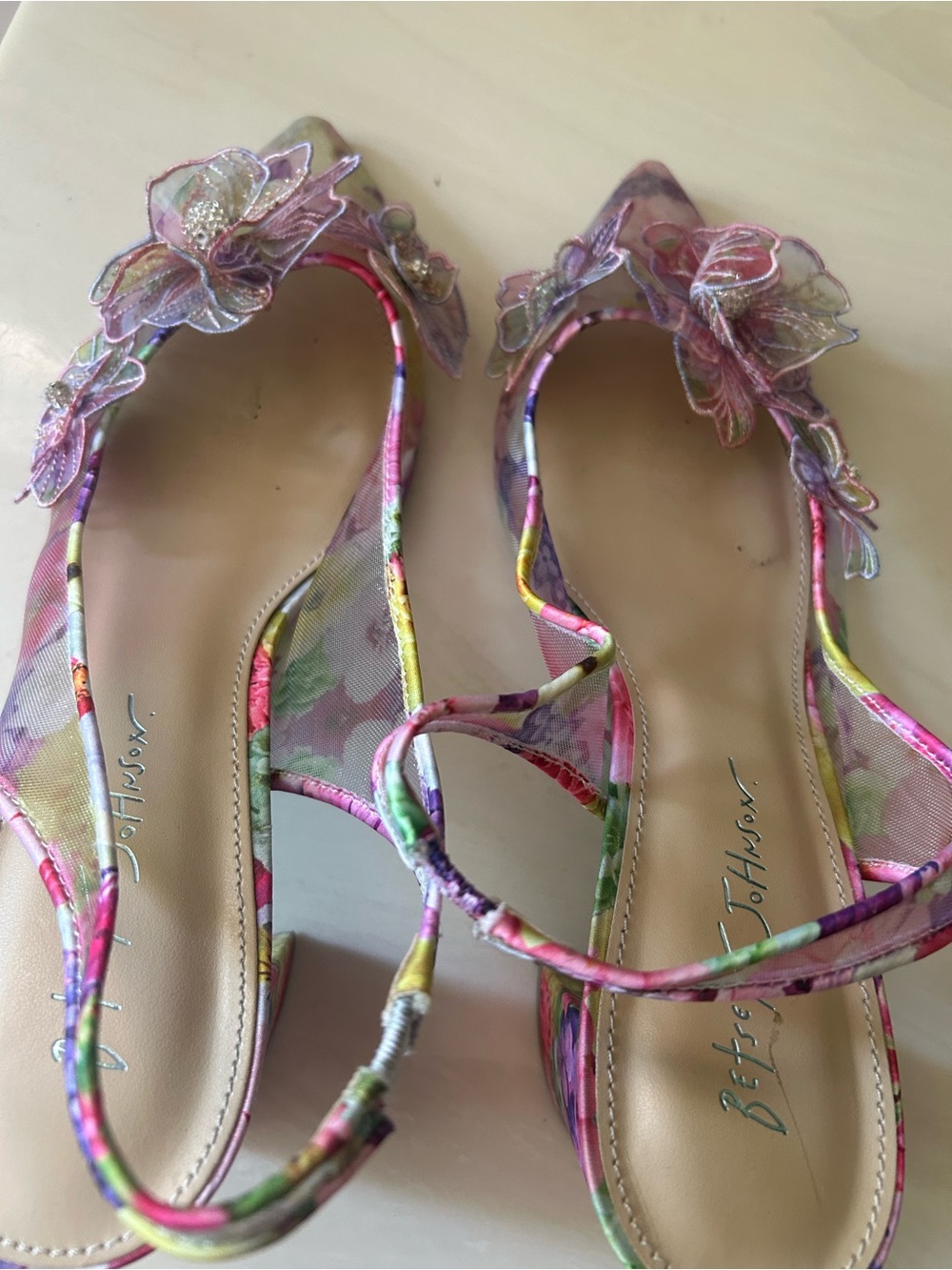 Betsey Johnson Pink Multicolor Floral Appliqué Pointed Heels - Picture 6 of 6
